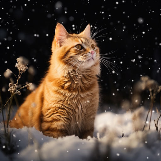 Ginger cat in a field with snowfall