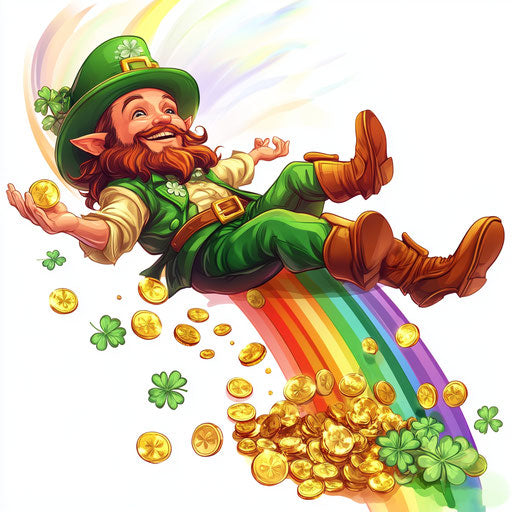 St. Patrick's Day Leprechaun sliding on a rainbow with gold coins and shamrocks
