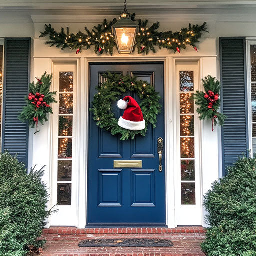 A charming porch with holiday greens and a Santa hat hanging on the door