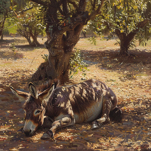 Donkey resting under a shady tree in a sunny orchard