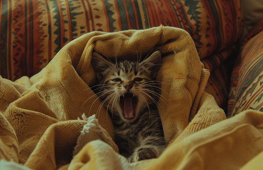 Kitten hidden in a blanket on a couch