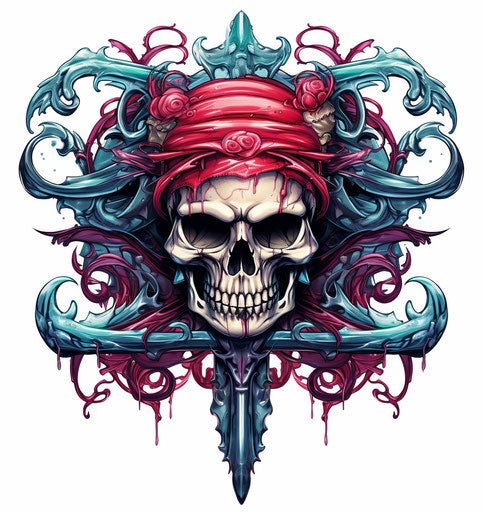 Pirate skull with two swords and an anchor isolated on white