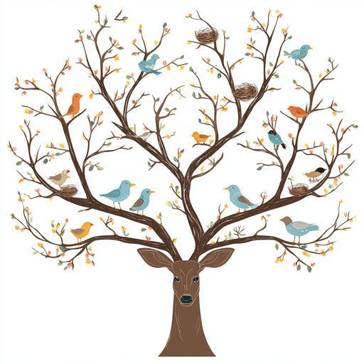 Deer antlers morph into tree branches filled with birds and nests