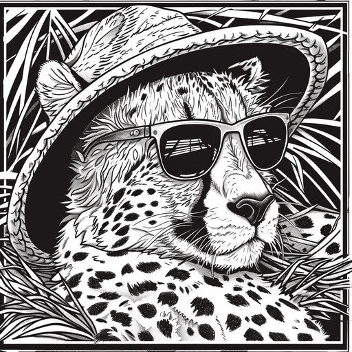 Whimsical cheetah with sunglasses and hat, relaxing in the shade