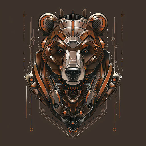 Futuristic flat tattoo sketch of a cybernetic bear, iconic Russian mafia symbol, metallic silvers and browns, clipart style
