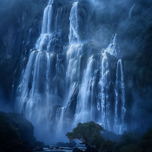 Dudh Sagar Waterfalls with dramatic lighting and misty ambiance