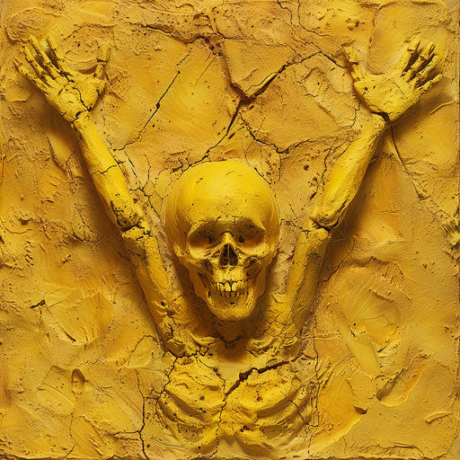 Yellow face of a man with arms up, skull motifs style
