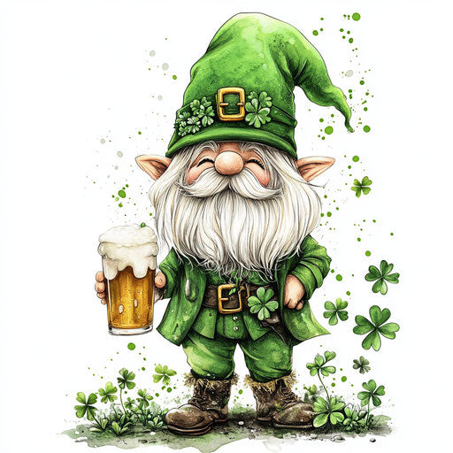 Saint Patrick's Day, Cute Gnome with Green Hat and Shamrocks, Holding Beer Mug Clipart Sublimation Design on White Background