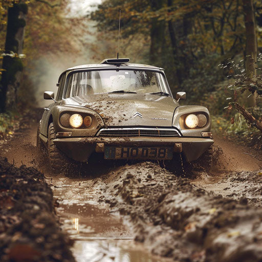 Vintage Citroen DS 20 with oversized tires on muddy track