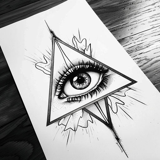 Mystical triangle tattoo with eye on white paper
