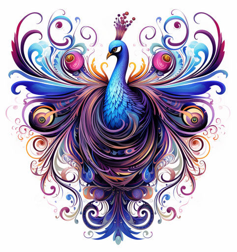 Peacock with long flowing wings and colorful body