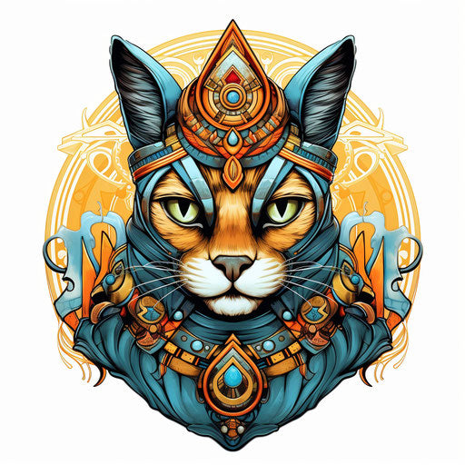 Egyptian cat in royal regalia and crown, classic tattoo style