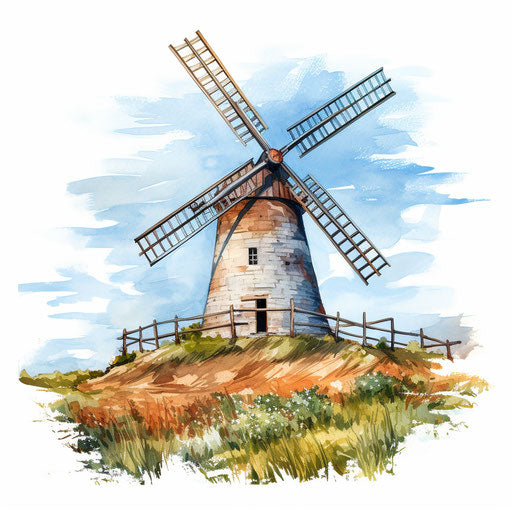 Windmill artwork in the style of Oil painting, on white background