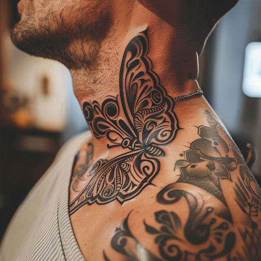 Butterfly tribal neck tattoo, Ami James style