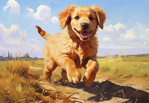 Golden retriever puppy running in a field
