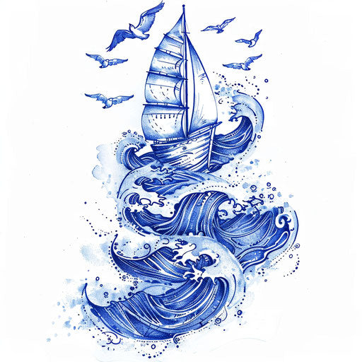 Oceanic flat tattoo sketch of a boat balancing on waves