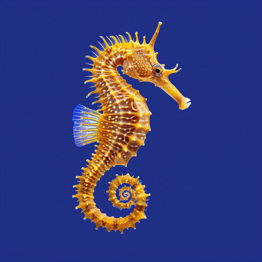 Realistic seahorse clipart shining on flat royal blue background