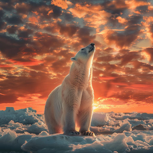 Polar bear on glacier with dramatic sunset