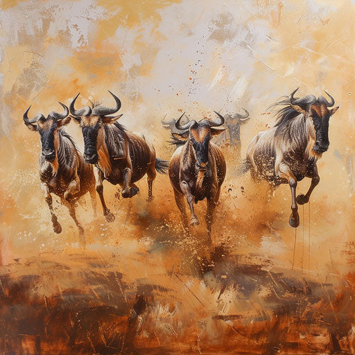 Dynamic energy of wildebeest galloping in the savannah, raising dust clouds