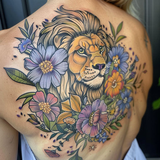 Wildflower tattoo with lion, regal colors, majestic pose, intricate details