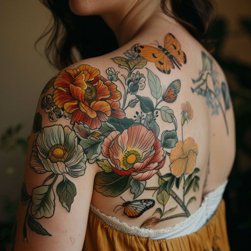 Botanical shoulder tattoo with exotic flowers and butterflies