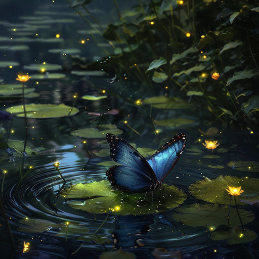 Twilight at secluded pond, fireflies lighting up around Xerces blue butterfly on lily pad