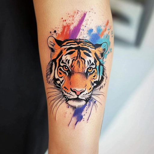 Elegant tiger tattoo sketch on hand with watercolor splashes in background