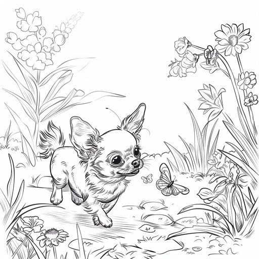 Chihuahua playing with a butterfly in a garden