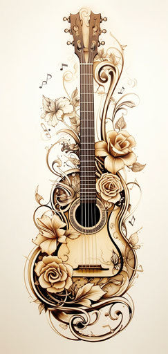 Drawing of a guitar in a beautiful music note design
