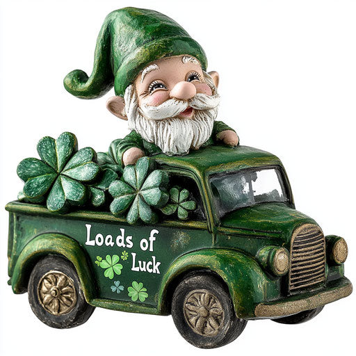 St. Patrick's Day gnome in a green truck with shamrocks