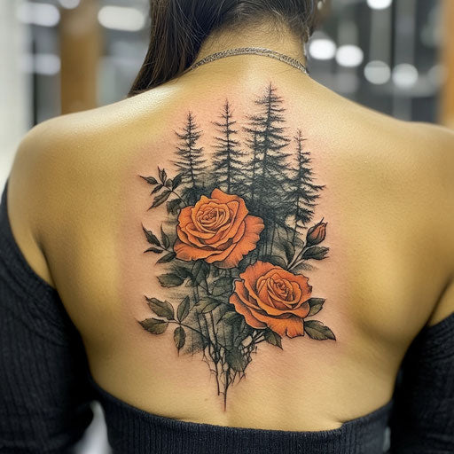 Rose tattoos for women with a mystical forest background in the style of Gerald Brom