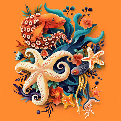 Realistic sea creatures on flat sunset orange background