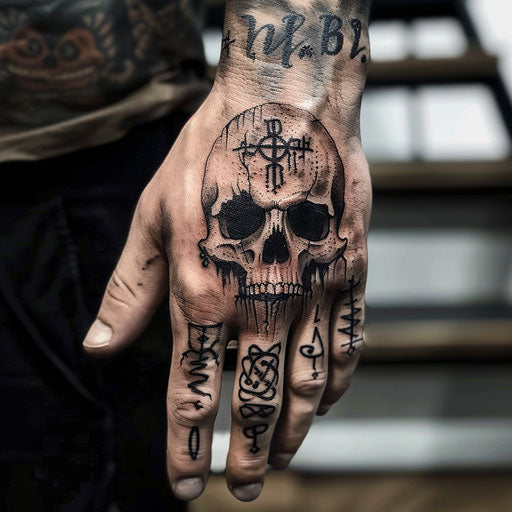 Skull hand tattoo in the style of Peter Jackson with Elvish runes