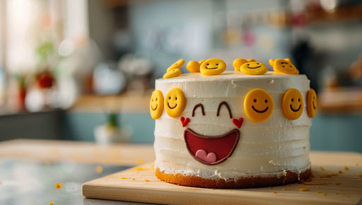 White cake with yellow smiley faces