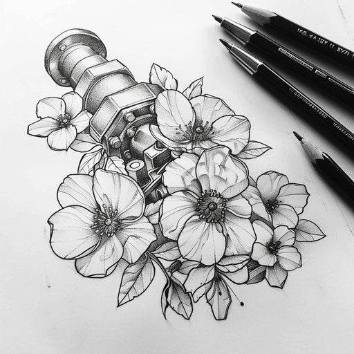 Flat tattoo sketch of a piston laid on a soft bed of peaceful mechanical flowers