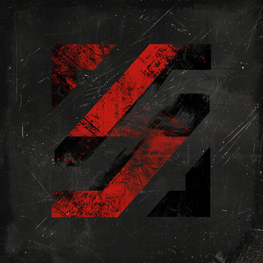 Online logo with rugged textures and bold fonts, black and red tones