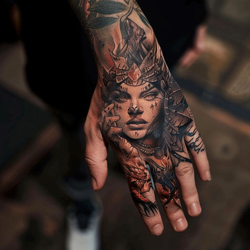 Fantasy hand tattoo for women with mythical creatures