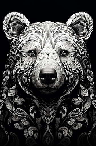 Black and white drawing of an ornate bear