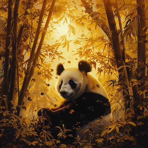 Giant panda in a golden bamboo grove at dusk