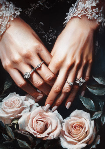 Interlocked hands with roses and rings