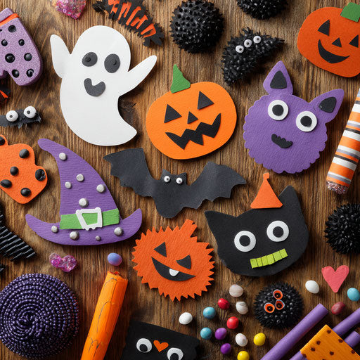 Festive and playful Halloween decorations on wooden surface