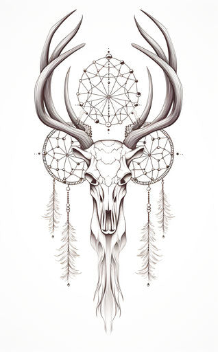 Dream catcher print with deer skull pattern and feathers
