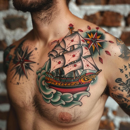 Classic maritime tattoos for men with ships and compasses