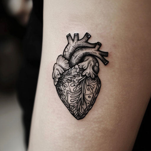 Anatomical heart tattoo with infusion of tribal art patterns