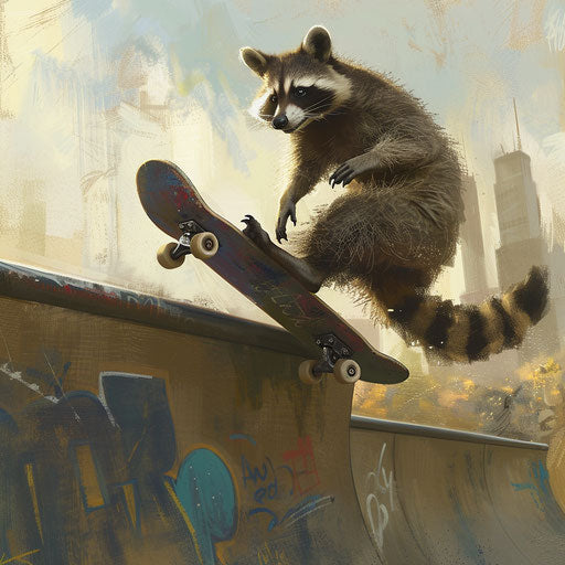 Raccoon skater in an urban skate park