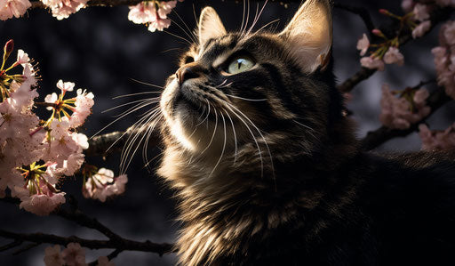 Cat sniffing cherry blossom, trad goth, bloomcore, anne mccaffrey, black and amber, handsome, wiccan, green and black 12:7
