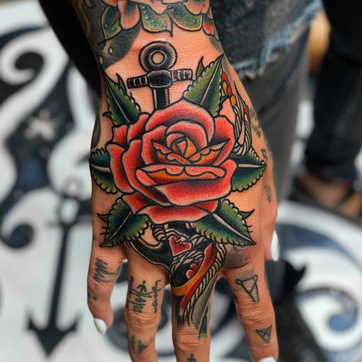 Rose hand tattoo in Sailor Jerry style featuring a rose and anchor