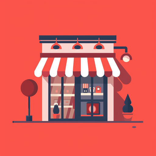 Store logo with stylized storefront on red background