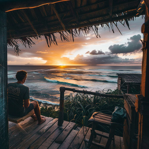 Surfer relaxing in a beach cabana with a stunning sunset