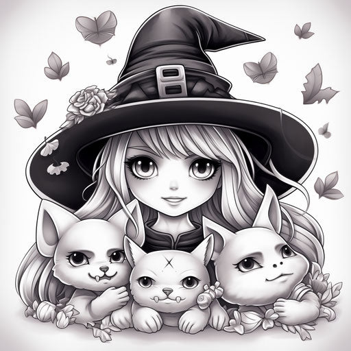Cute witch and friends coloring page, realistic yet stylized